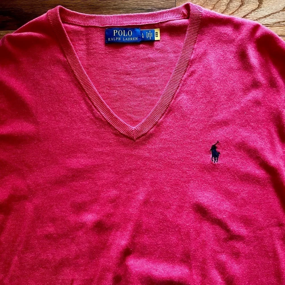 Polo Ralph Lauren Cotton V Neck Red/Orange Sweater, Size Large